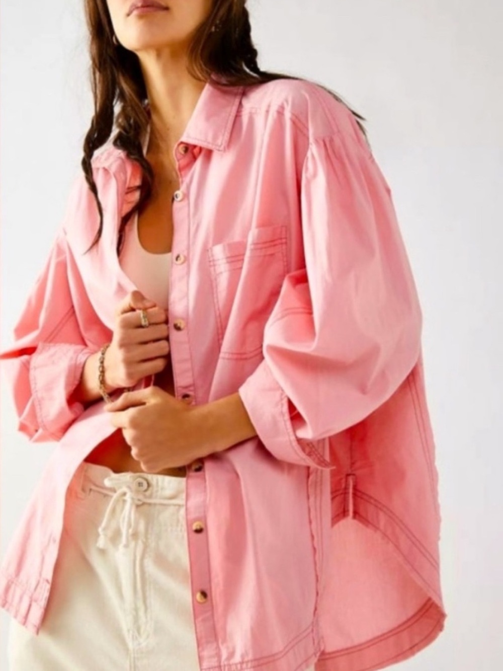 We The Free Pink Happy Hour Poplin Top Oversized Free People
